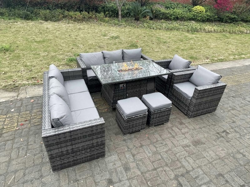 Fimous 10 Seater Outdoor PE Rattan Garden Furniture Gas Fire Pit Dining Table Set Lounge Sofa 2 PC Armchairs With 2 Stools Dark Grey Mixed Patio