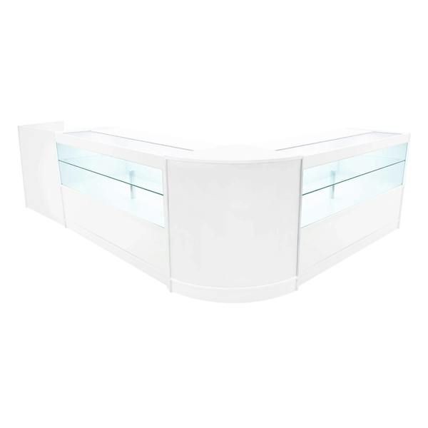 White Phoenix LED Shop Counter Set featuring sleek glass display sections, modern curved design, and integrated lighting for enhanced visibility