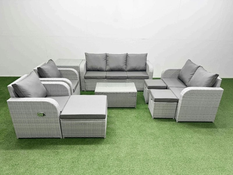 Fimous Light Grey PE Rattan Outdoor Lounge Set - Adjustable Chair, Double Loveseat, Oblong Coffee Table, 3 Stools & Side Table