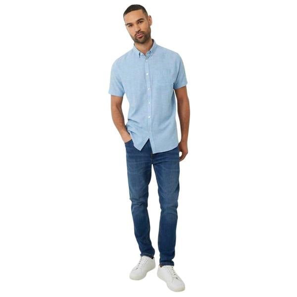 Threadbare Mens Linen Blend Short-Sleeved Shirt - Denim - 