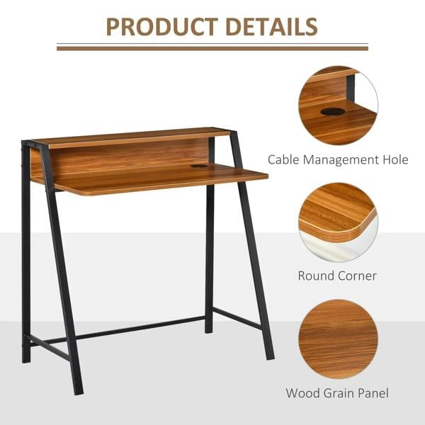 Walnut two-tier desk with cable management hole, round corners, and wood-grain panels.
