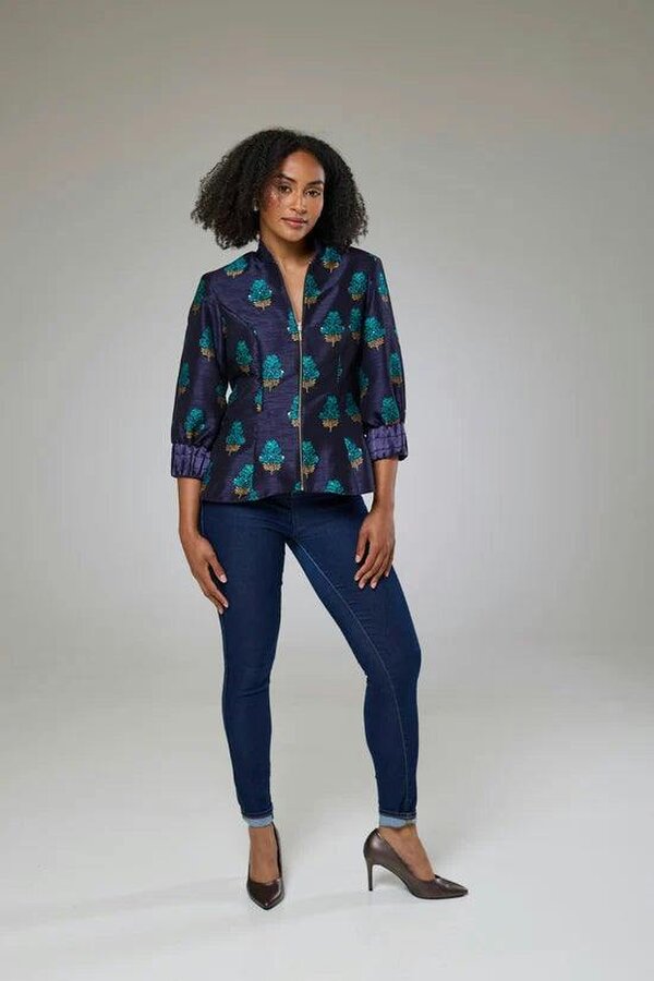 Lioness by TF Aquamarine Embroidered Raw Silk Fitted Jacket Blouse