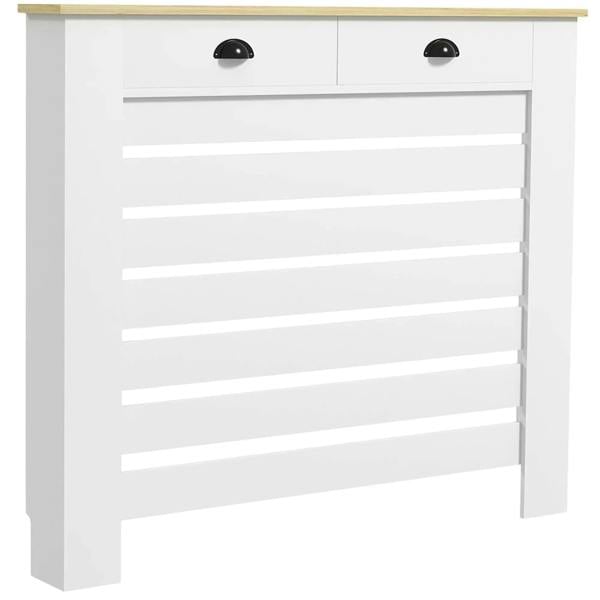 White radiator cover cabinet with slatted front and pull-out drawer, black knobs