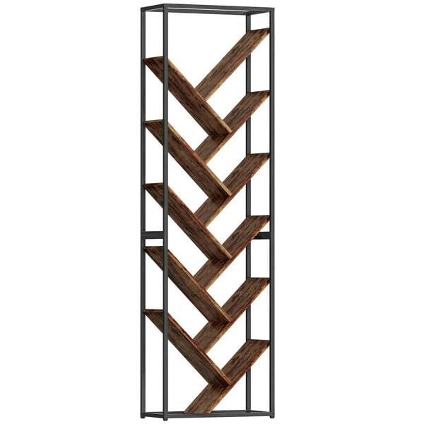Industrial-style bookshelf with black metal frame and diagonal rustic wood shelves