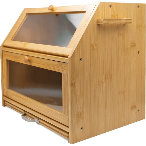 Maison des Cadeaux Large 2-Compartment Bamboo Bread Bin with Sliding Chopping Board