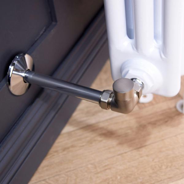 Flode Corner Round Thermostatic TRV & Lockshield 15mm x 1/2″ | Brushed Steel