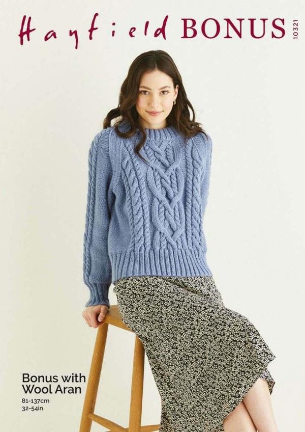 Hayfield Bonus Aran with Wool Knitting Pattern 10321, Sweaters for Women, 32 - 54 Inches