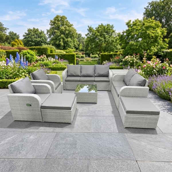 Fimous 9 Seater Rattan Garden Furniture Set with 2 Reclining Chairs, 2 Sofas, Square Coffee Table, 2 Big Footstools & Side Table - Light Grey