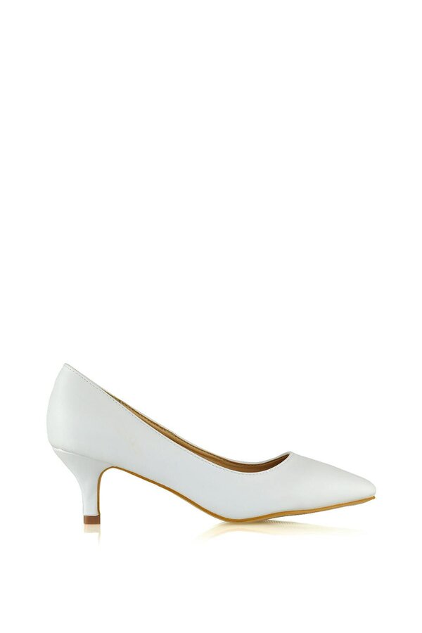 XY LONDON Pointed Toe Low Stiletto Kitten High Heel Court Shoes - White