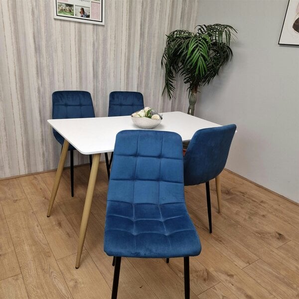 Kosy Koala Wooden Dining Table Set for 4 White Wooden Table and 4 Blue Velvet Chairs