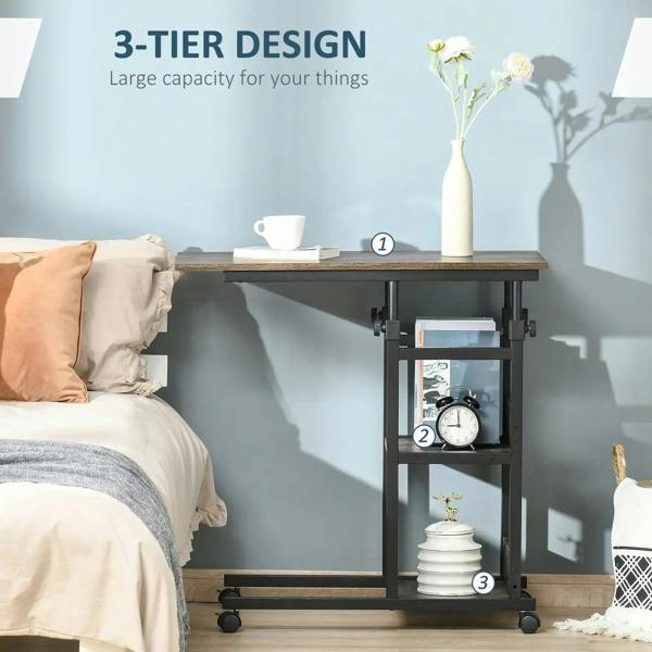 Three-tier industrial side table with rustic brown top, metal frame, and rolling casters