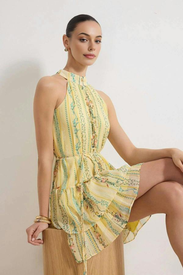 WOVCOR Floral Pattern A-Line Lined Chiffon Flowy Woven Mini Dress