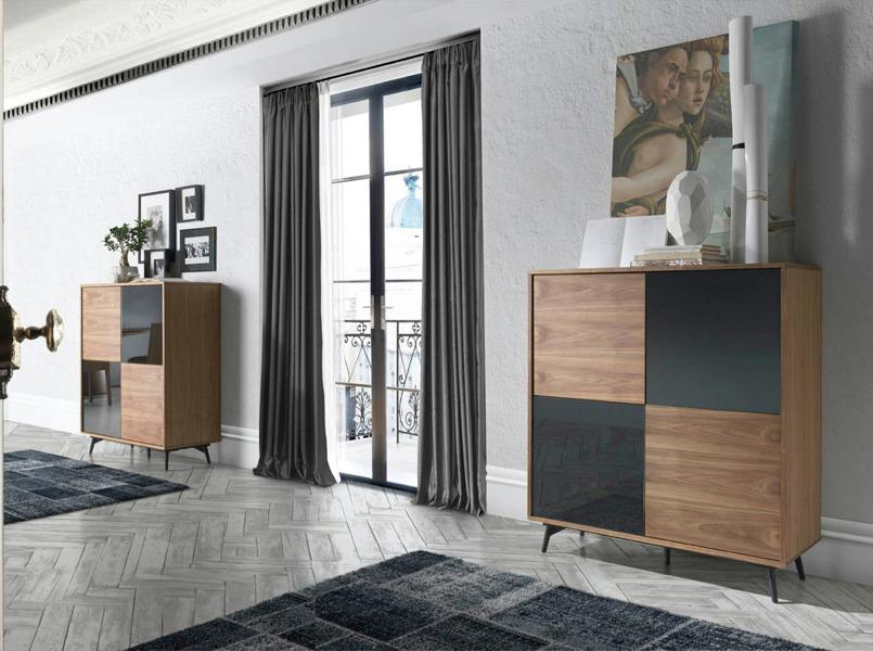 Angel Cerdá Mirror Effect Black Glass, Walnut and Black Steel Tall Sideboard 3059