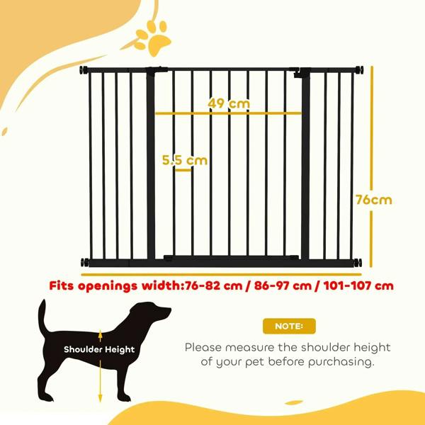 Adjustable black pet gate with vertical bars and width measurement layout