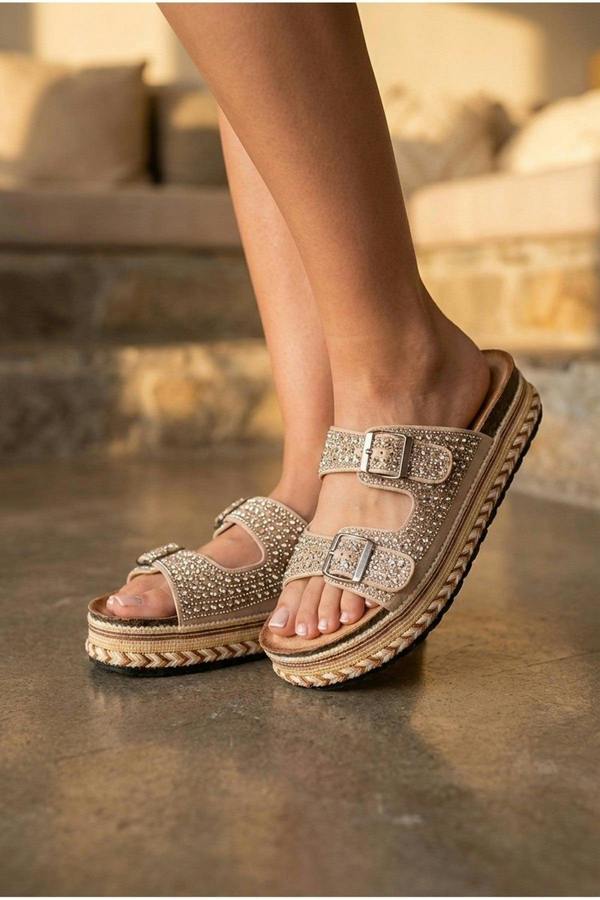 Aria Womens Rhinestone Buckle Platform Sandals - BEIGE