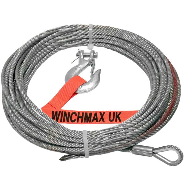 WINCHMAX Steel Rope 15m x 5mm, Hole Fix. 1/4 inch Clevis Hook. For winches up to 4,000lb.