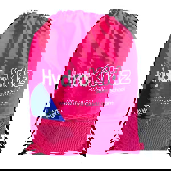 Pink HydroKidz drawstring backpack with logo and site in 5cm depth