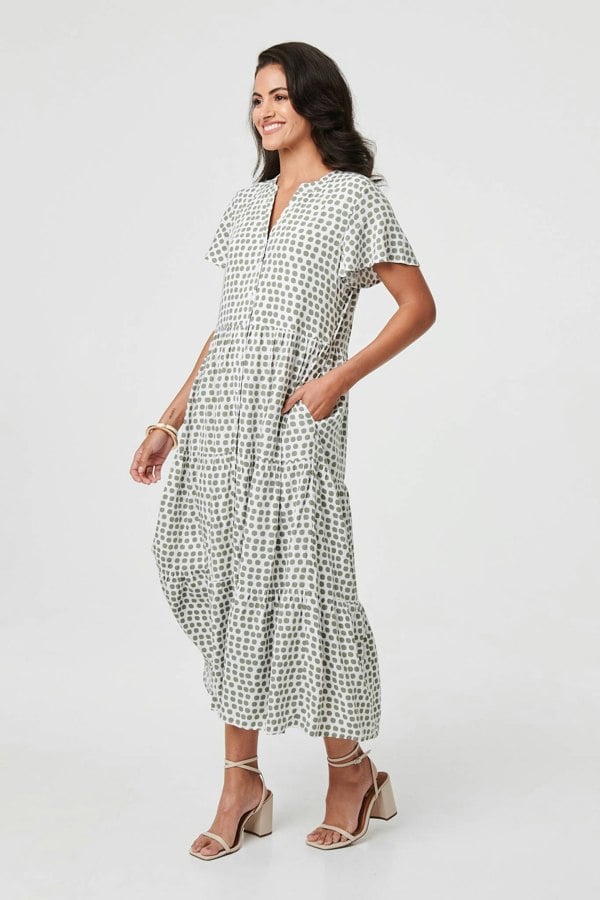Sage | Printed Short Sleeve Relaxed Midi Dress
