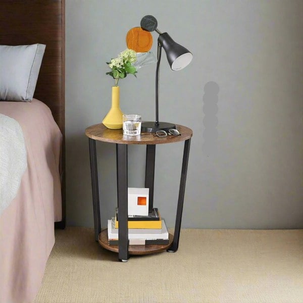 Round rustic side table with steel frame in black and brown for living room or bedroom

