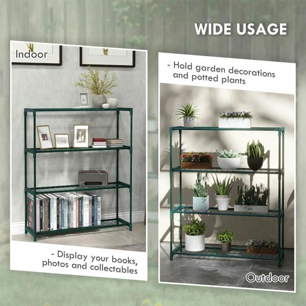 Green four-tier plant shelf with wire grid shelves shown with decor and potted plants.