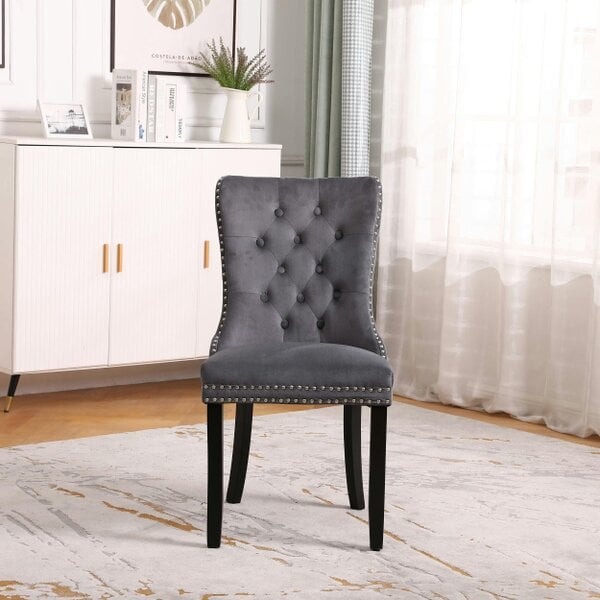 Neo Set of Four Dark Grey Studded Velvet Dining Table Chair with Ring Knocker Detail