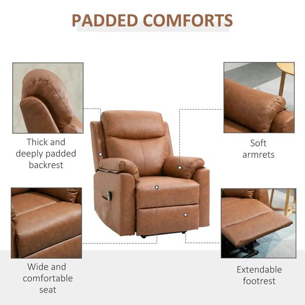 Brown faux leather electric riser recliner chair with thick padding and soft armrests