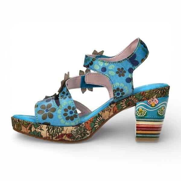 Laura Vita Nellao 33 - Women's Blue Floral Leather Wedge Sandals