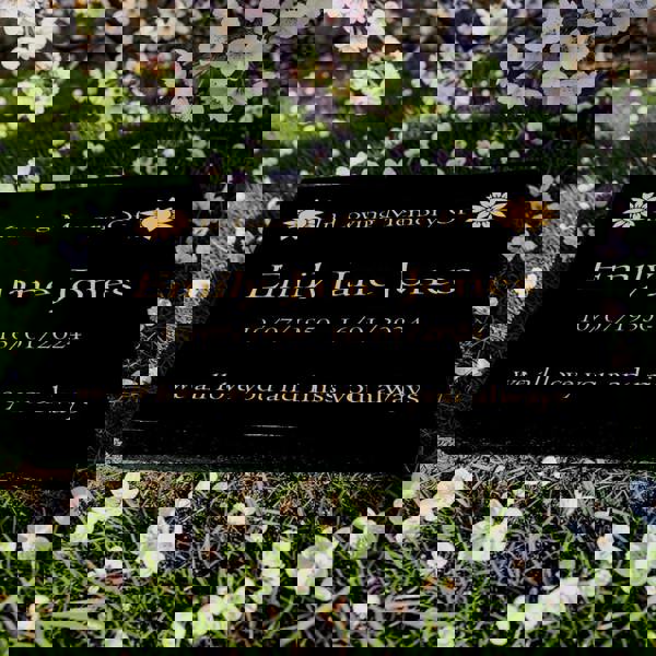 Memorials Direct Granite Memorial Tablet with Sunflower Design, Free Personalised Gold Engraving, Polished Black Granite