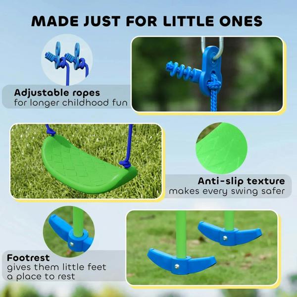 Green anti-slip swing seat with adjustable blue ropes and a footrest