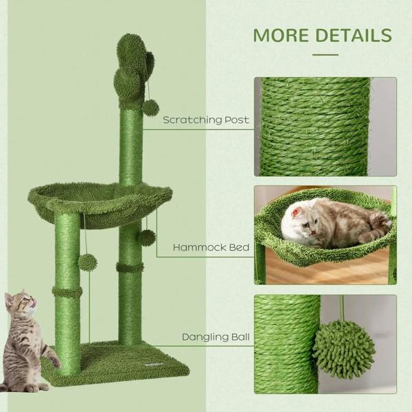 Green cactus cat tree details: scratching post, hammock bed, and dangling ball