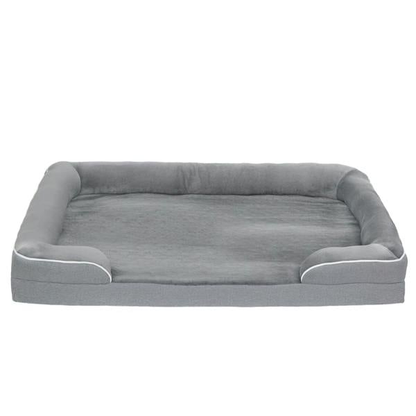 Grey fabric dog sofa bed with cushioned bolsters and raised sleeping platform