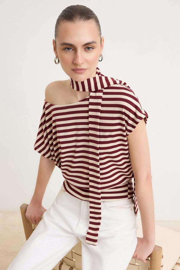 WOVCOR Boat Neck Batwing Sleeve Belted Knit Blouse