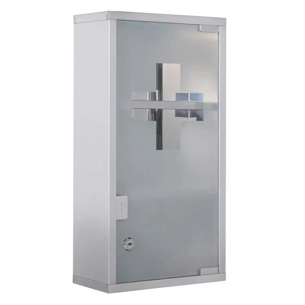 Stainless steel wall medicine cabinet with security glass door and two interior shelves
