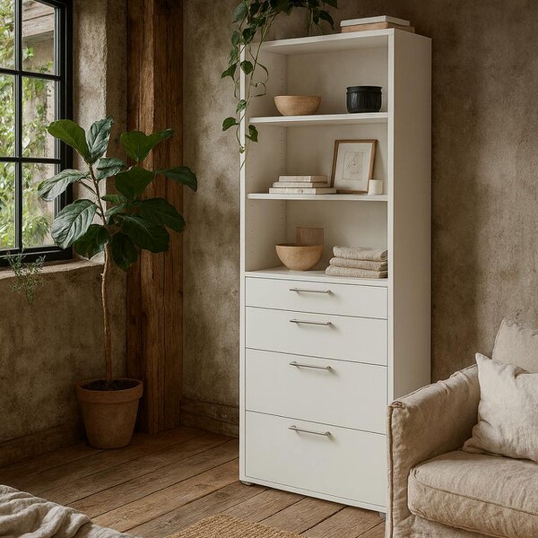 Wyld Haus Dris White Wooden Bookcase 2 Shelves 4 Drawers