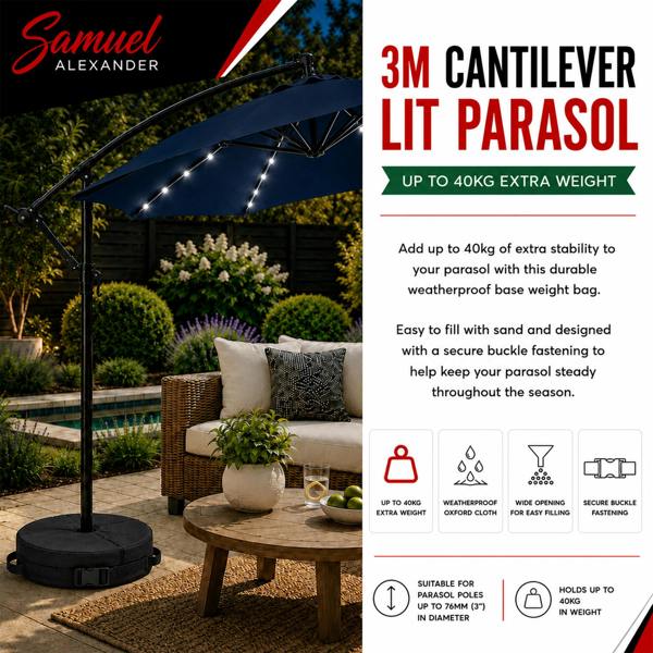 Samuel Alexander 3m Solar Powered Cantilever Lit Banana Garden Parasol with Crank Handle & White LED Lights in Blue with Base Bag Included