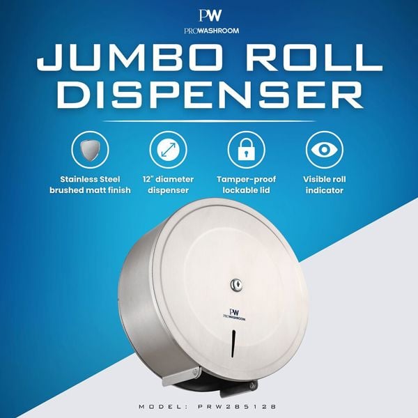 ProWashroom Pro Washroom Stainless Steel Toilet Roll Dispenser Jumbo 300mm Roll Holder,