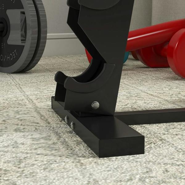 Black wide base foot of five-tier dumbbell rack with cradle slot.