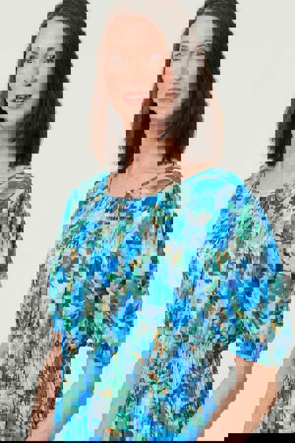 Blue | Floral Shirred Puff Sleeve Midi Dress