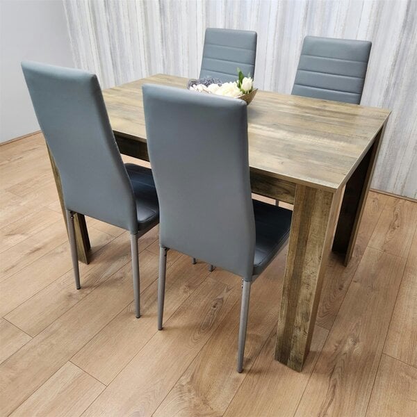 Kosy Koala Dining Table and 4 Chairs Rustic Effect Wood Table 4 Grey Leather Chairs Dining Room