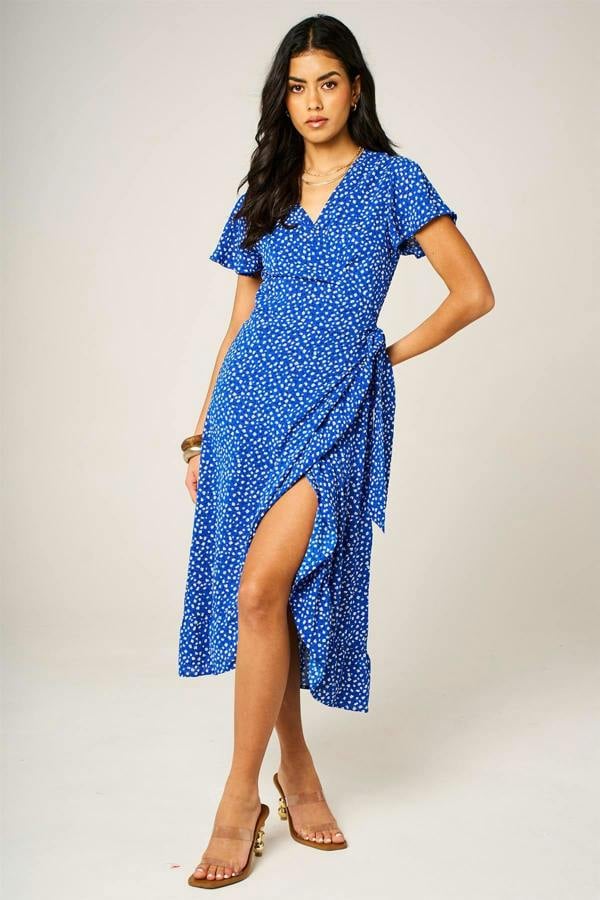 FS Collection Hem Frill Detail Little Floral Print Wrap Dress In Blue