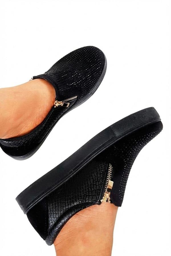 Leah Crystal Suede Zip Pumps Trainers - Black_wb