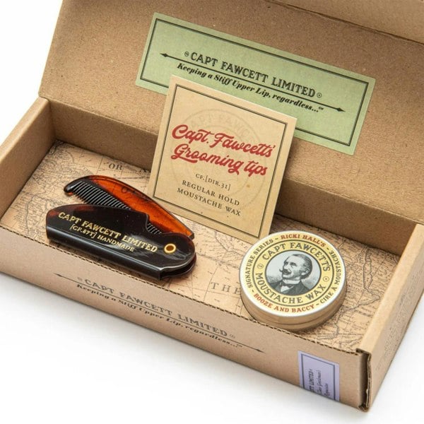 Captain Fawcett Ricki Hall Booze & Baccy Moustache Wax + Flip Moustache Comb