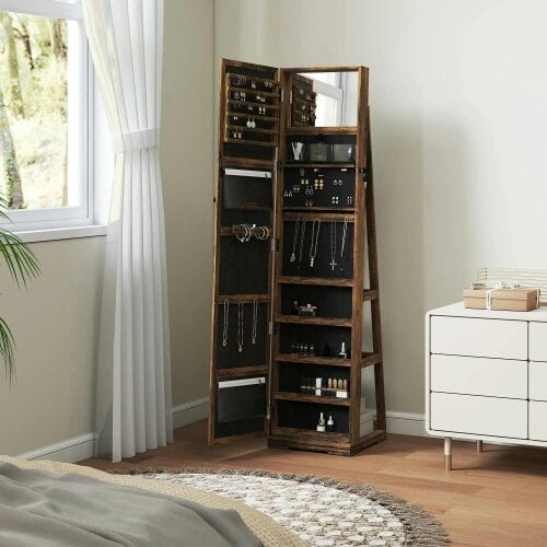 Bobobiy 360° Swivel Jewellery Cabinet, Lockable Jewellery Organiser with Built-in Makeup Mirror and Storage Shelves, Rustic Brown