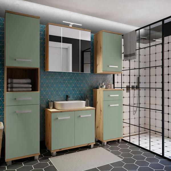 Furniture To Go Veris Under Sink Cabinet with 2 Doors in Artisan Oak and Sage Green Doors