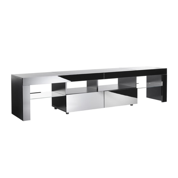 MMT Furniture Designs Modern Black 200cm Matt Gloss TV Stand Cabinet Suitable for 55 - 80 Inch 4K LED Flat Screen TV's Glass Shelves