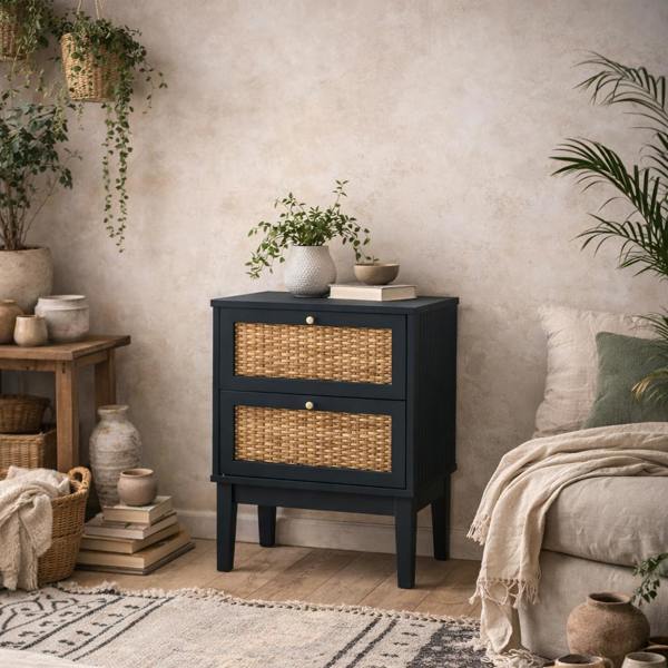 Wyld Haus Waterford Blue Oak and Rattan Bedside Table 2 Drawers
