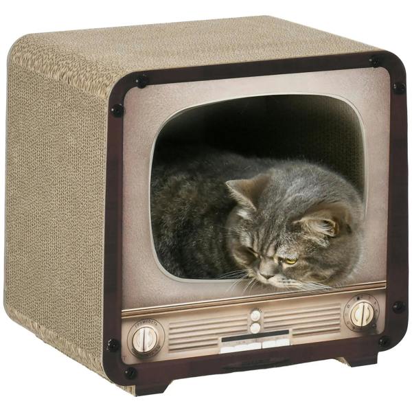 Brown TV-shaped cat scratching board house with circular window, tabby cat inside