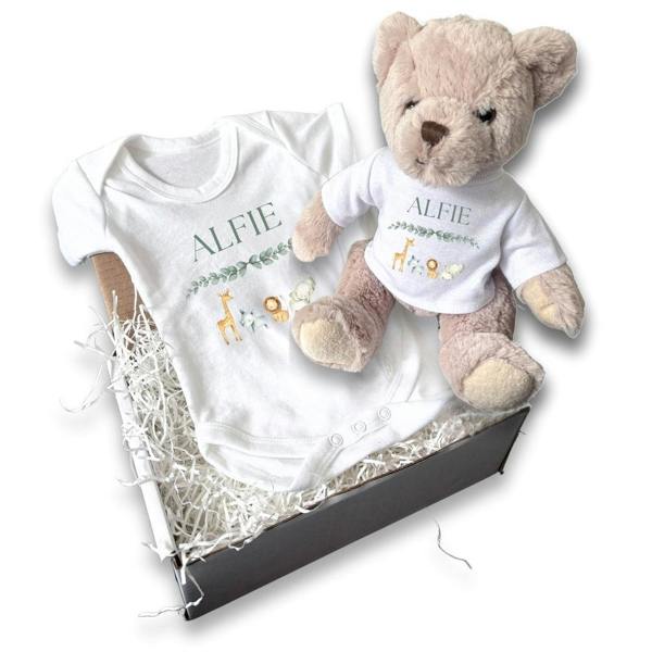 Personalised Zoo Animals Gift Hamper Baby Gift Box - Teddy & Vest