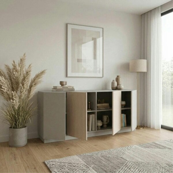 Decortie Victor Console Sideboard 4 Doors Sandstone Sonoma Oak White 170 x 42.1 x 80.3 cm (Sandstone and Sonoma Oak and White)