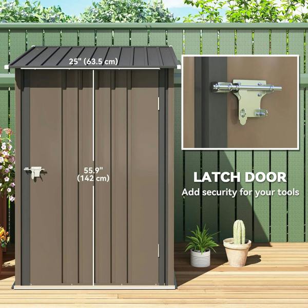 Lean-to steel garden shed latch door detail, brown door with gray panel sides.